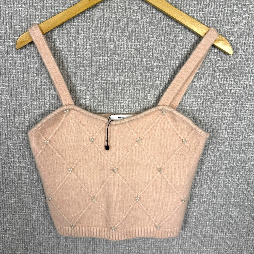 MNG Sz S Wool Blend Crop Top Sweater Embellished Fairy Coquette Cottage Pink